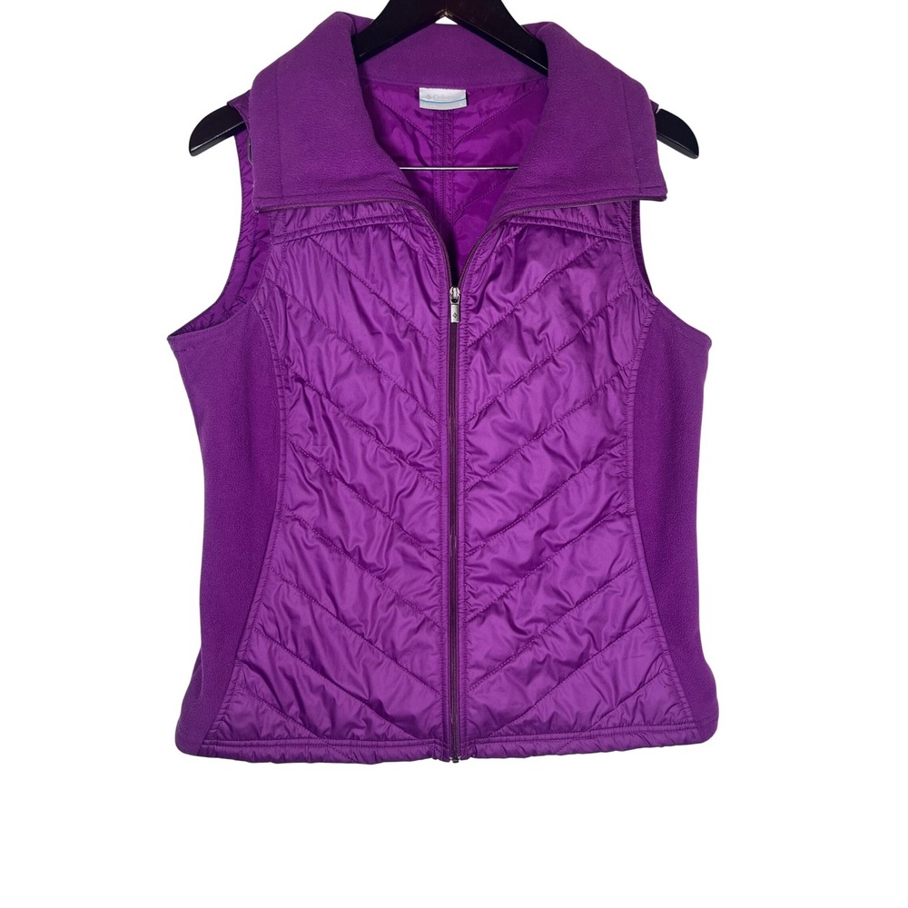 Columbia Quilted Puffer Vest Women Large Purple Fleece Panels Full Zip Pockets